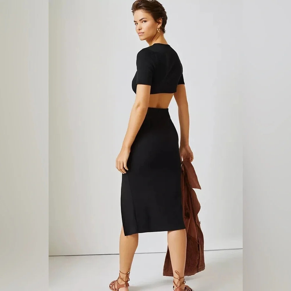 NWT ANTHROPOLOGIE Bordeaux Cutout A-Line Midi Dress black RIBBED - Picture 2 of 4